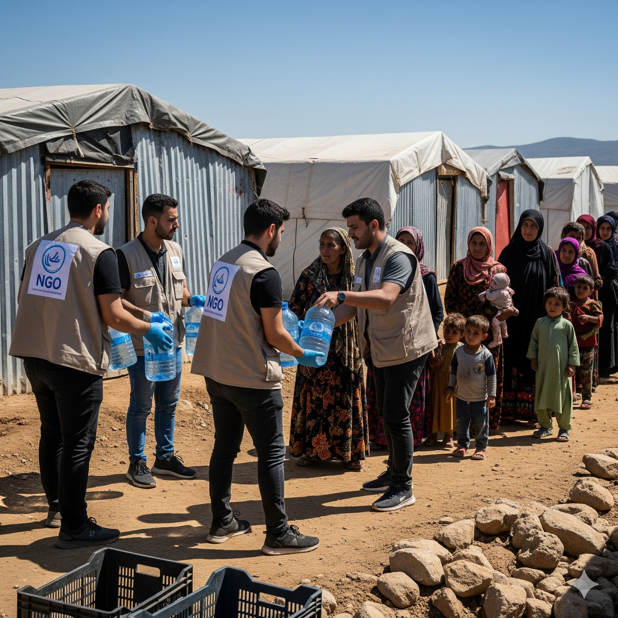 Aid workers distributing water to families